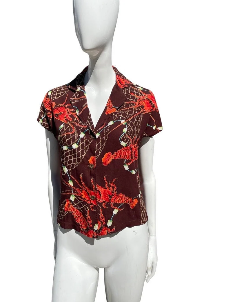 Vintage 50-60s Hawaiian Shirt Blouse Women's Size Xs Lobster and Net Novelty Print Rayon Rockabilly Aloha Shirt - Image 3