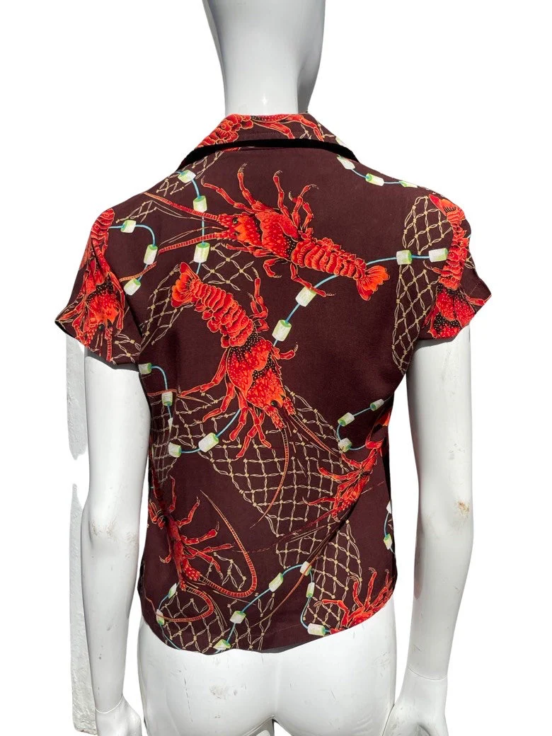 Vintage 50-60s Hawaiian Shirt Blouse Women's Size Xs Lobster and Net Novelty Print Rayon Rockabilly Aloha Shirt - Image 6