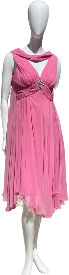 Vintage 50-60s Pink Ethereal Silk Chiffon Dress with Attached Cape and Beaded Brooch Size 8 Party Cocktail Mod Viva Vegas