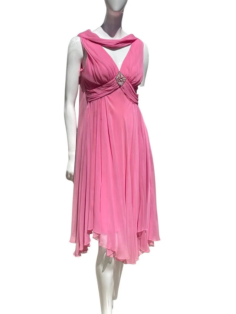 Vintage 50-60s Pink Ethereal Silk Chiffon Dress with Attached Cape and Beaded Brooch Size 8 Party Cocktail Mod Viva Vegas - Image 2