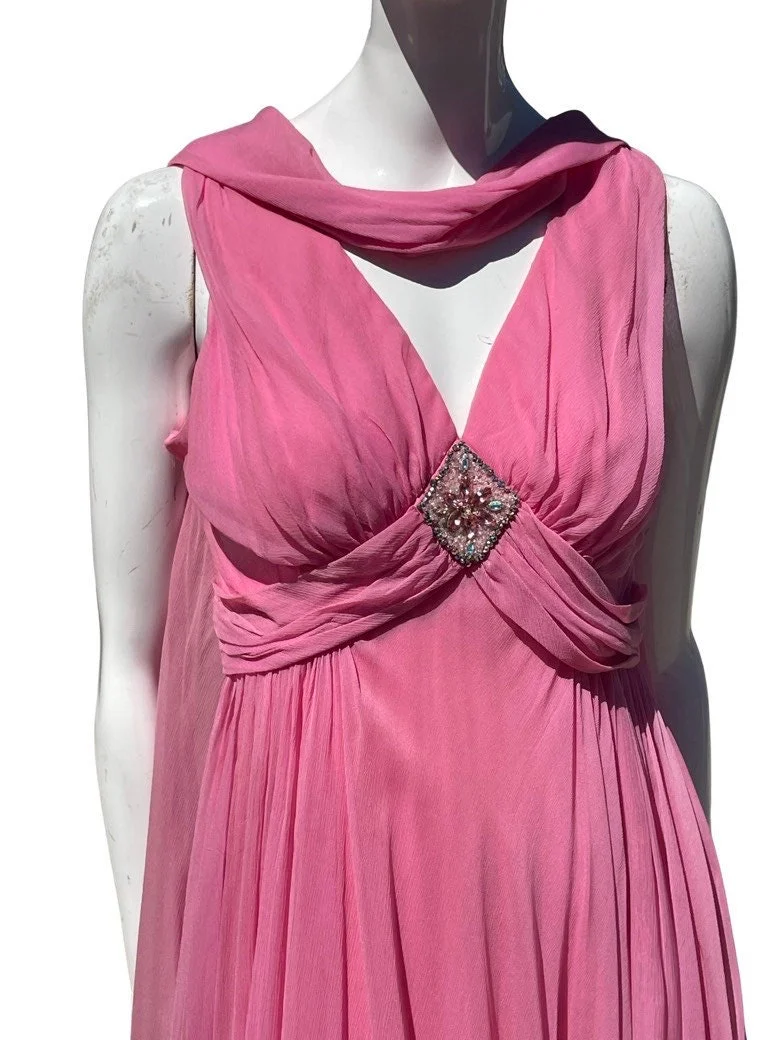 Vintage 50-60s Pink Ethereal Silk Chiffon Dress with Attached Cape and Beaded Brooch Size 8 Party Cocktail Mod Viva Vegas - Image 3
