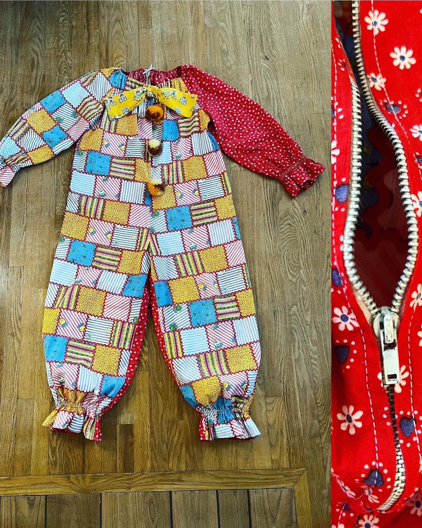 Vintage 50s/60s Patchwork Print X Raggedy Ann/andy Bow Homemade Clown Suit with Pompoms and Ruffle Cuffs - Image 10