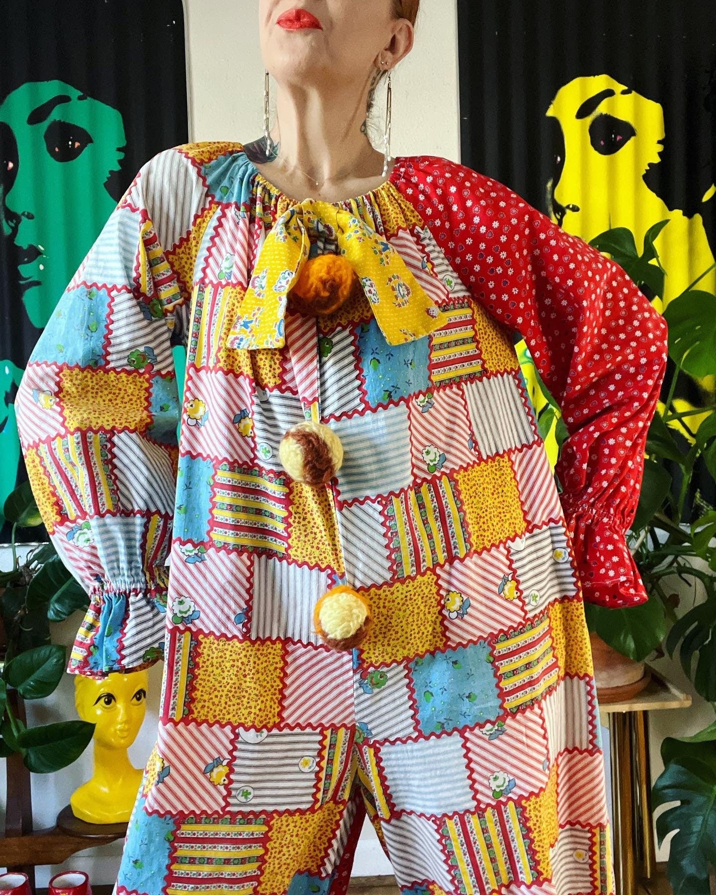 Vintage 50s/60s Patchwork Print X Raggedy Ann/andy Bow Homemade Clown Suit with Pompoms and Ruffle Cuffs - Image 3