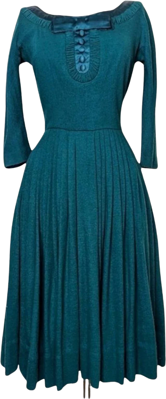 Vintage 50s 60s Pleated Green Midi Sweater Dress by William Fox