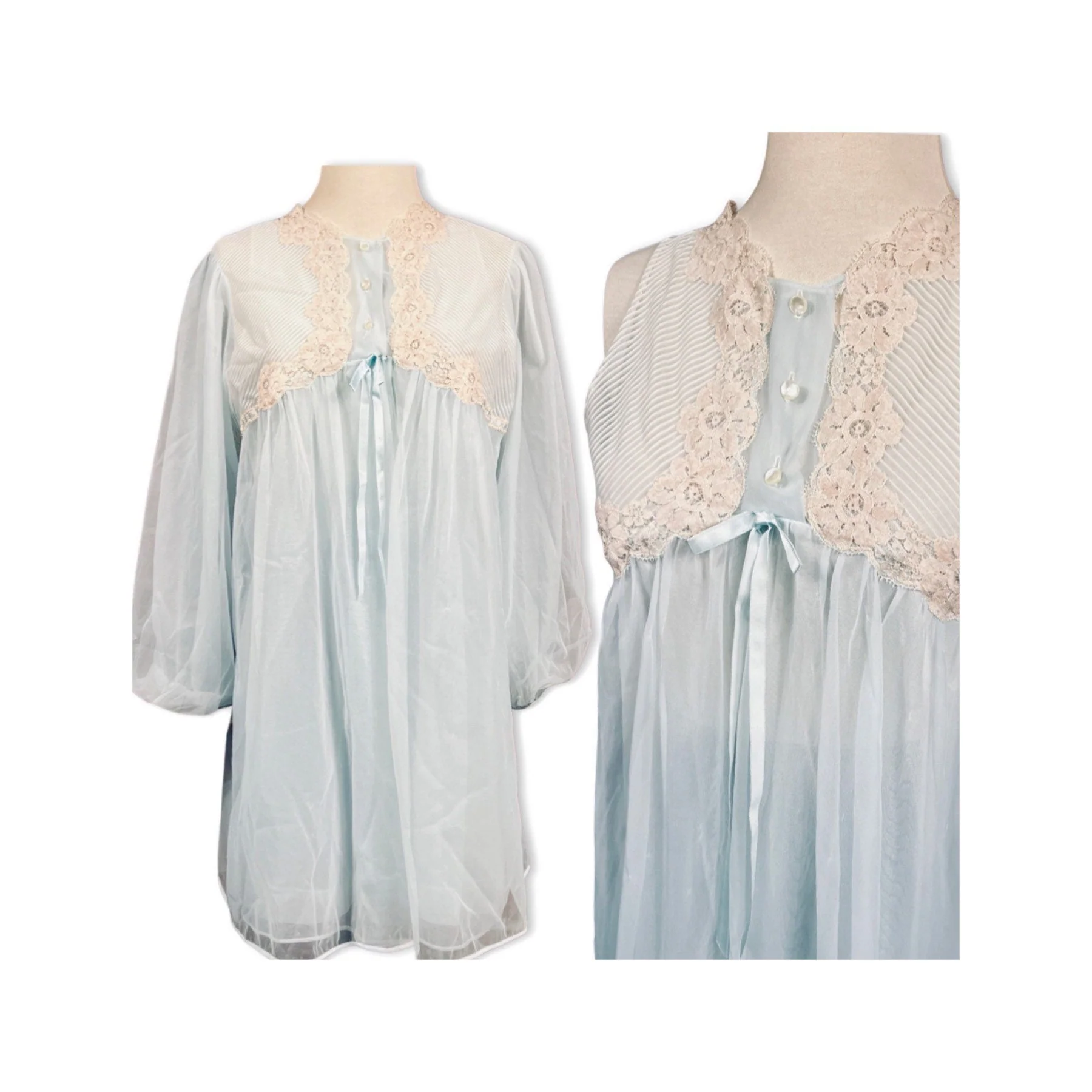 Vintage 50s Baby Blue Peignoir Set| 50s Nylon and Lace Nightgown and Chiffon Peignoir Bed Jacket Size L Vintage Peignoir by Gossard Artemis - Image 2