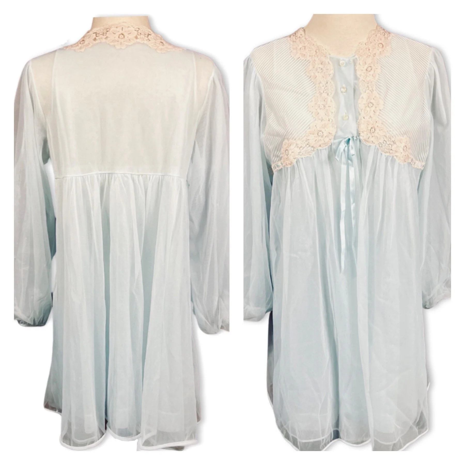 Vintage 50s Baby Blue Peignoir Set| 50s Nylon and Lace Nightgown and Chiffon Peignoir Bed Jacket Size L Vintage Peignoir by Gossard Artemis - Image 3