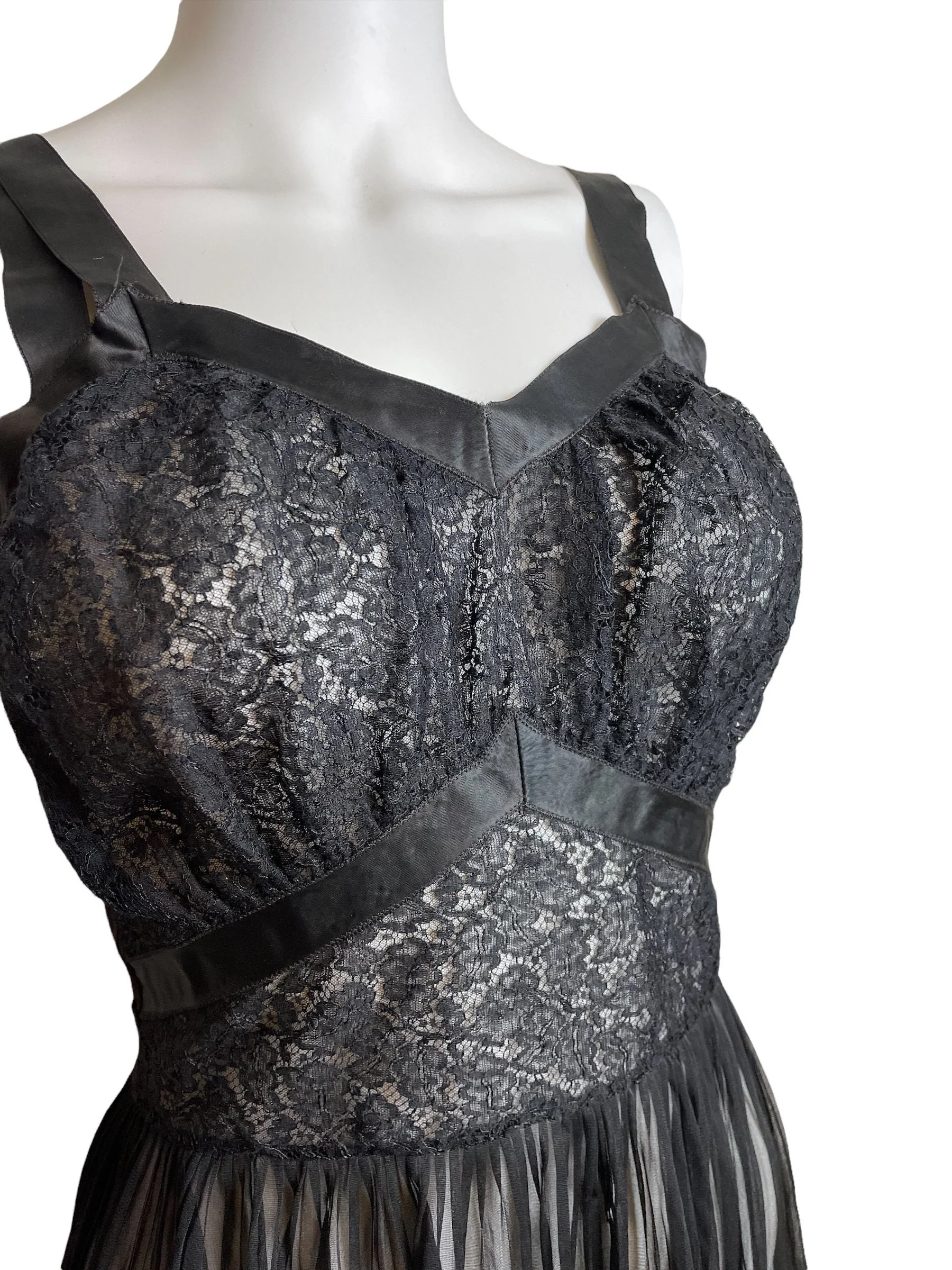 Vintage 50s Black Lace Slip Dress Night Gown Negligee Lingerie Xs Goth - Image 4