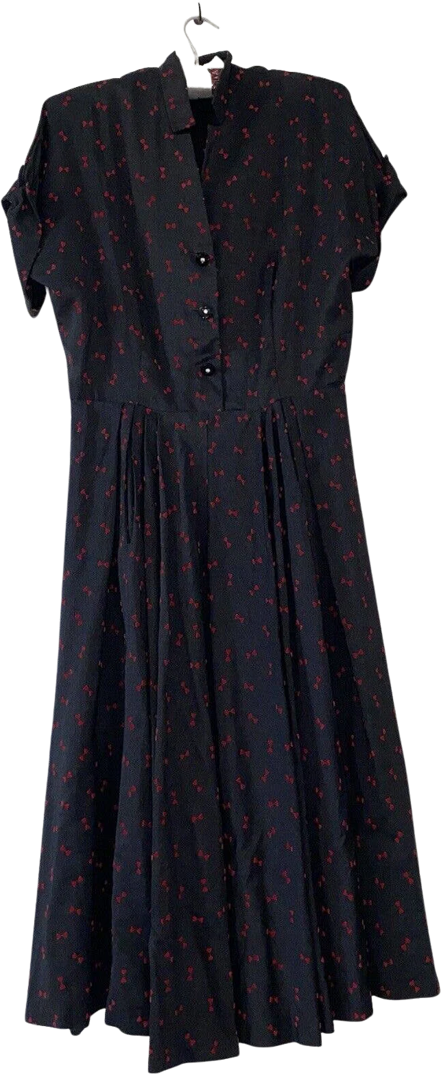 Vintage 50s Black Midi Dress with Red Bow Novelty Print