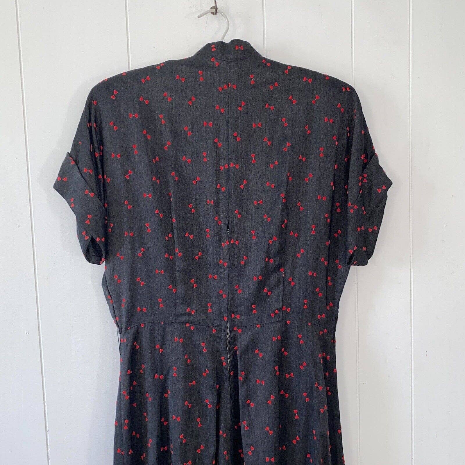 Vintage 50s Black Midi Dress with Red Bow Novelty Print - Image 12