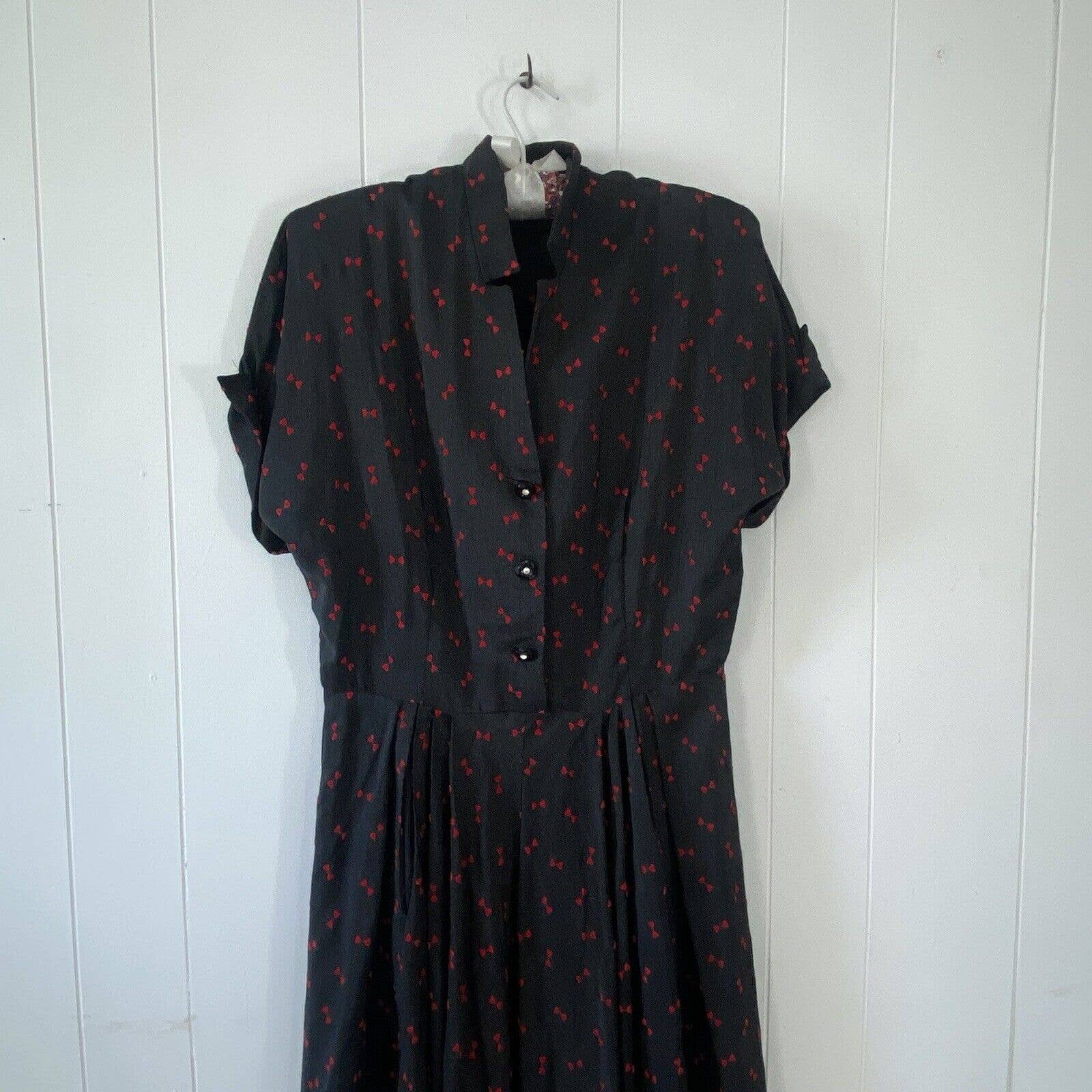 Vintage 50s Black Midi Dress with Red Bow Novelty Print - Image 9