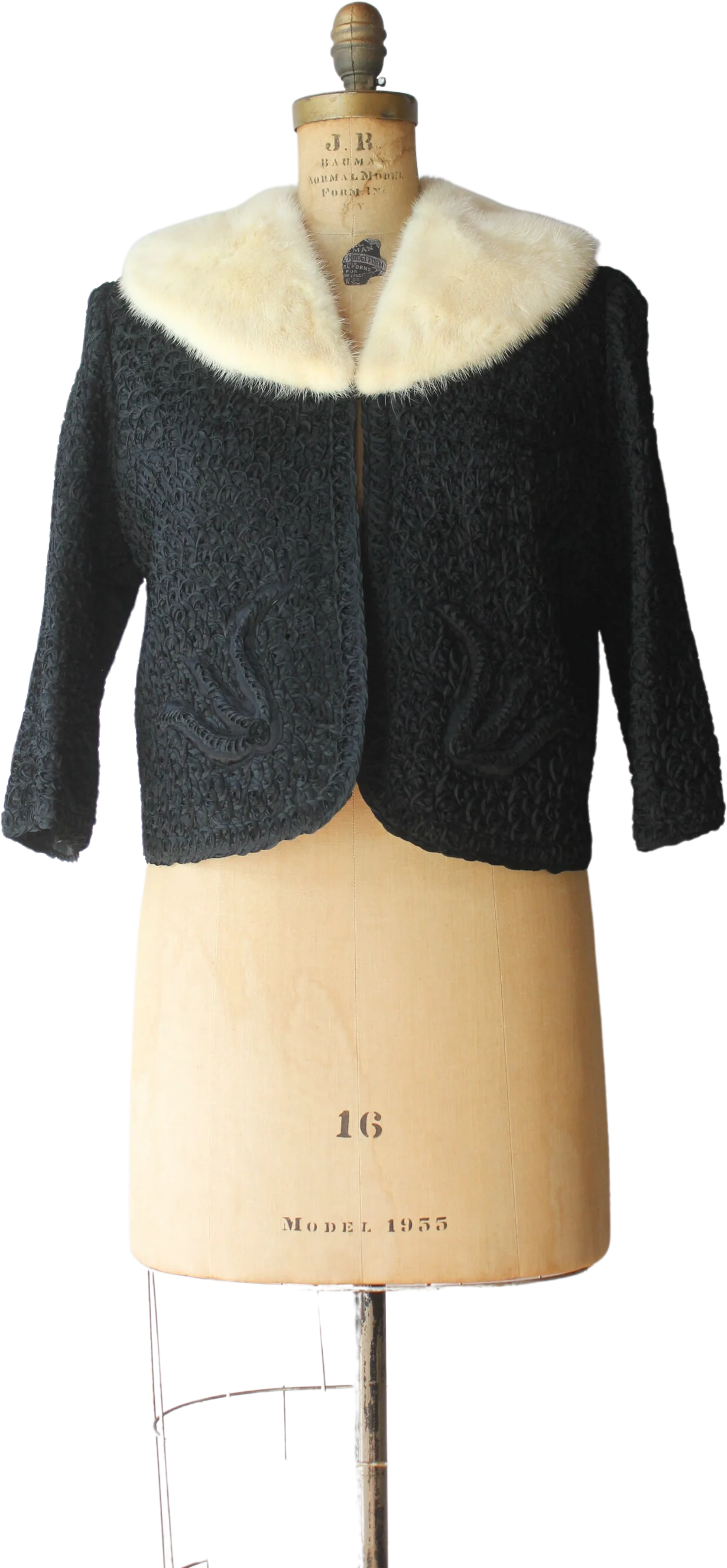 Vintage 50s Blonde Mink Collar Black Ribbon Jacket with Quilted Satin Appliques and Embroidered Lining