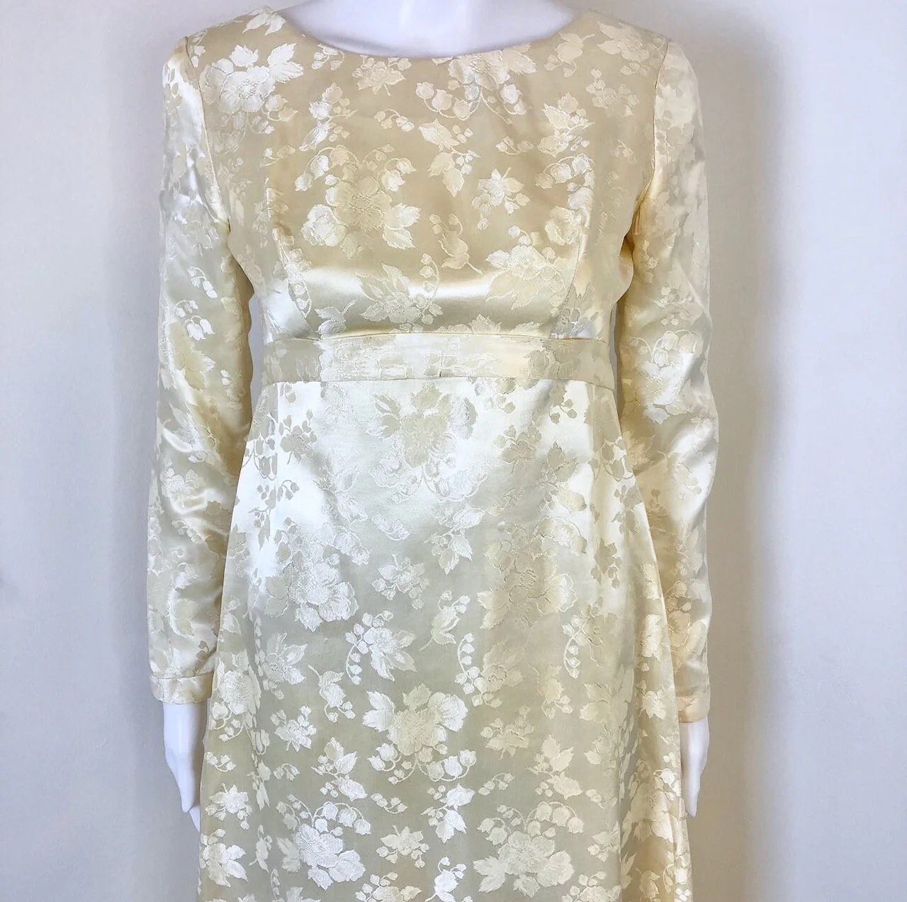 Vintage 50s Champagne Floral Embossed Gown with Watteau Back by Emma Domb - Image 3