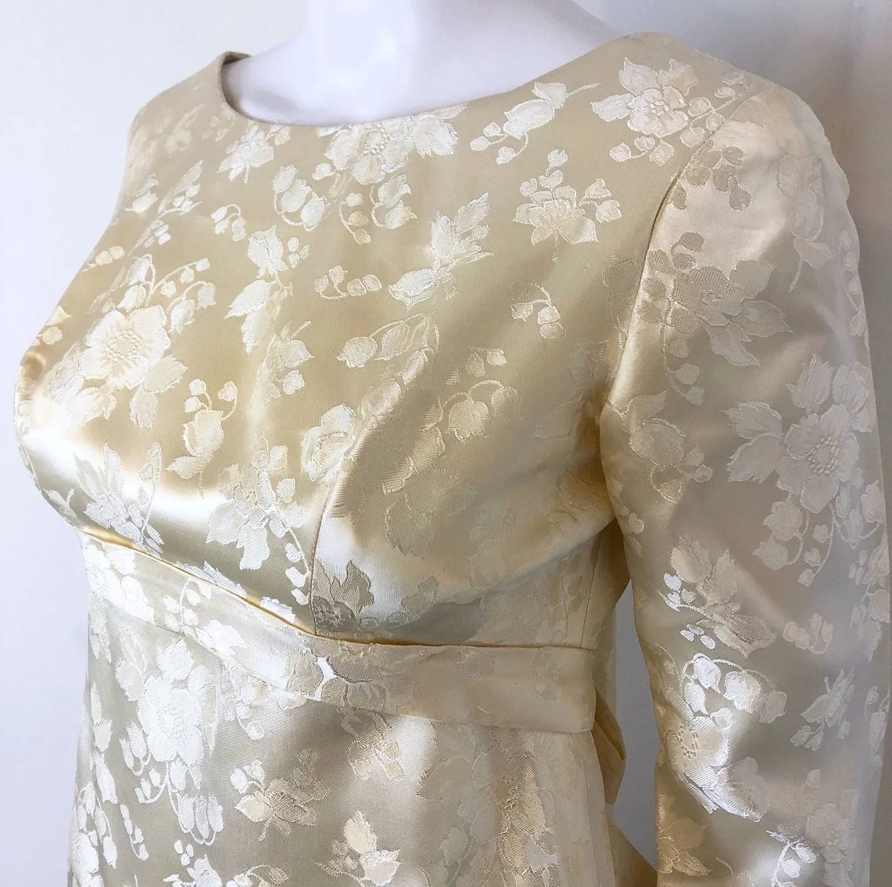 Vintage 50s Champagne Floral Embossed Gown with Watteau Back by Emma Domb - Image 5