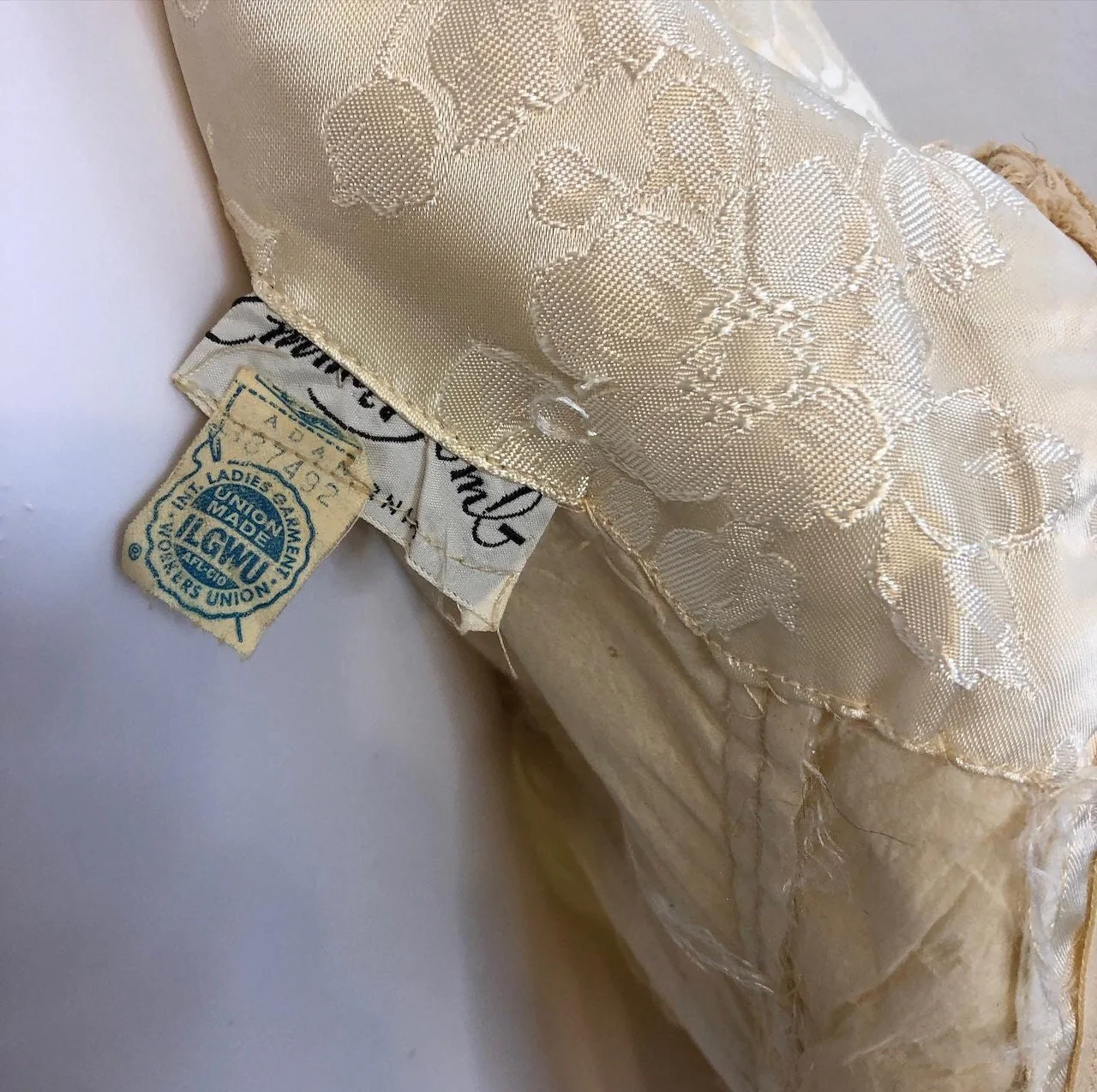 Vintage 50s Champagne Floral Embossed Gown with Watteau Back by Emma Domb - Image 9