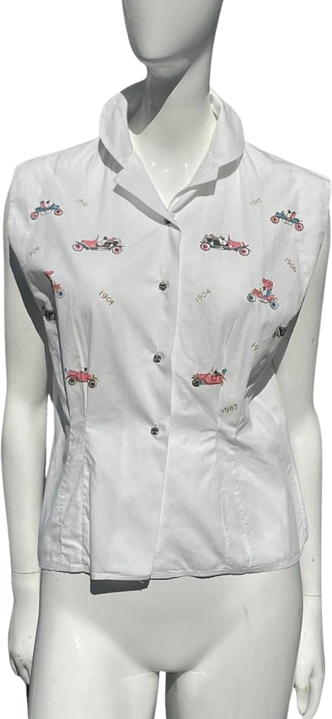 Vintage 50s Cotton Blouse Sleeveless Pin Up Novelty Print Antique Cars with Rhinestones and Glass Buttons Large