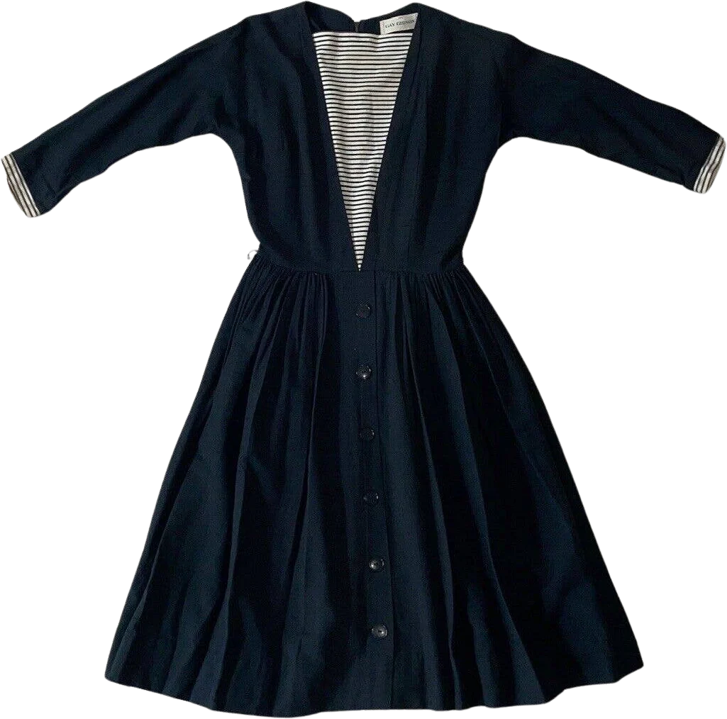 Vintage 50s Designer Fit and Flare Sailor Dress Black Linen by Gay Gibson