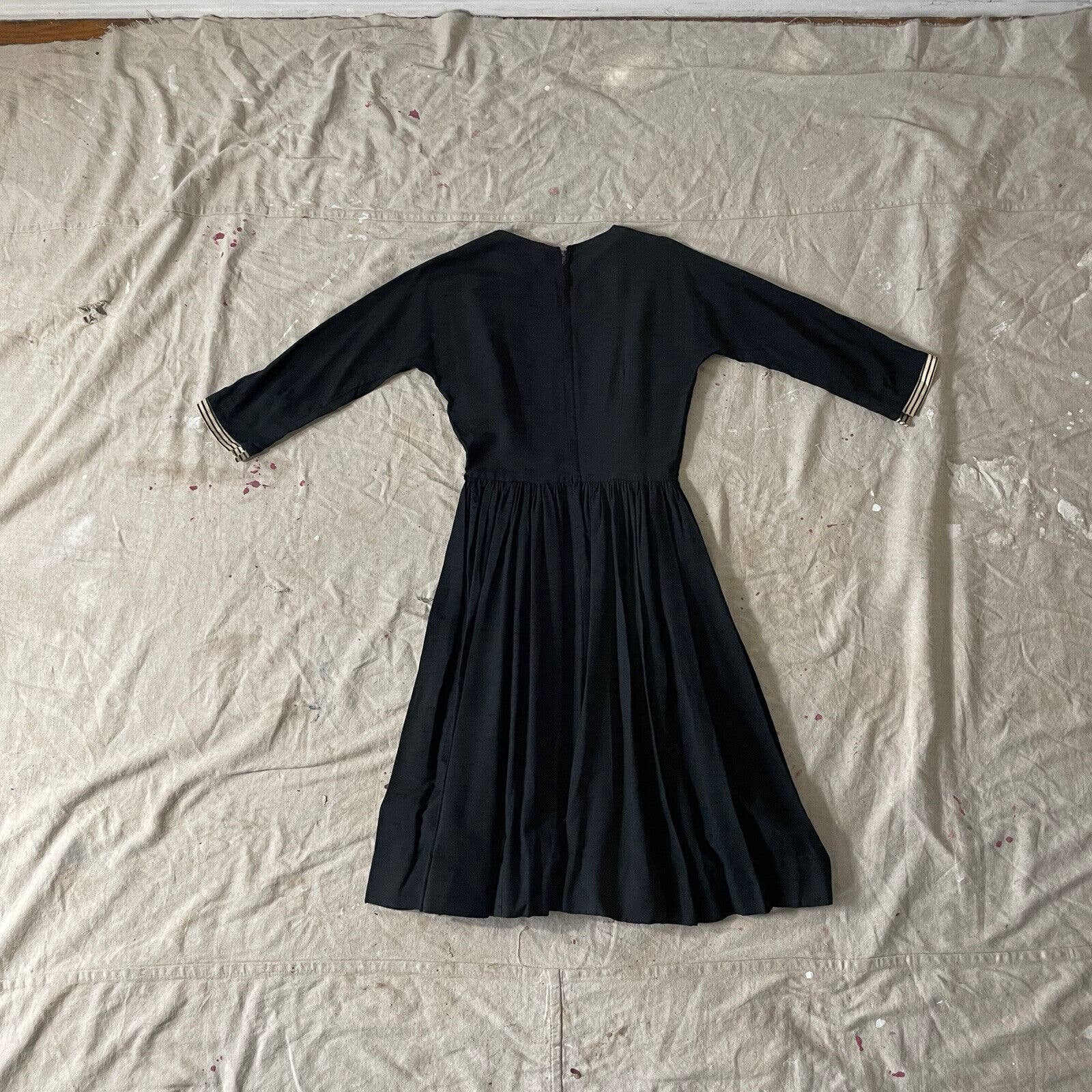 Vintage 50s Designer Fit and Flare Sailor Dress Black Linen by Gay Gibson - Image 2