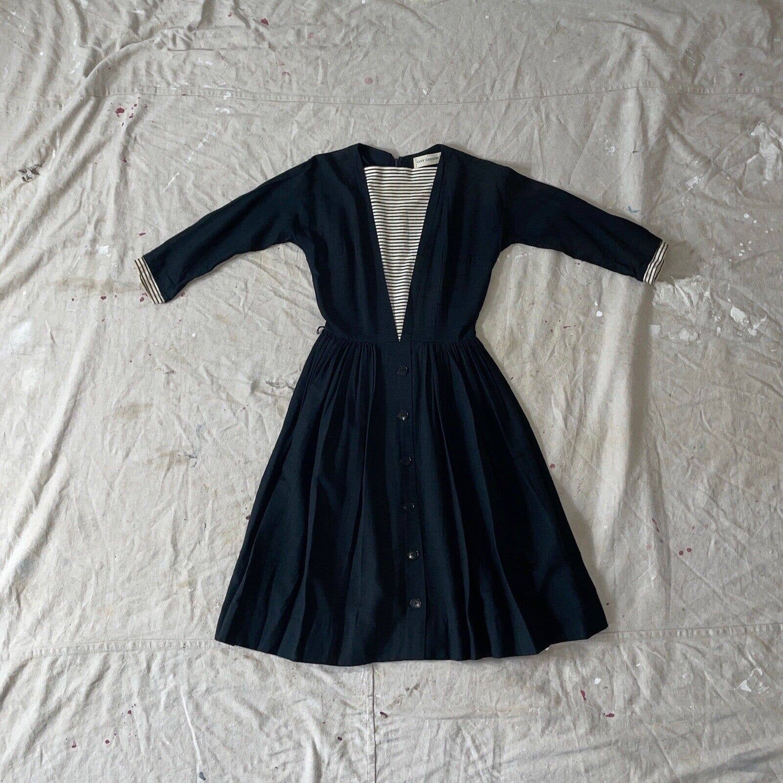 Vintage 50s Designer Fit and Flare Sailor Dress Black Linen by Gay Gibson - Image 7