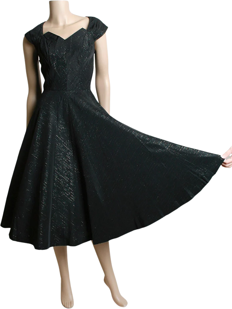 Vintage 50s Dress Black Formal Evening Gown with Iridescent Rainbow Thread Full Circle Skirt Petal Bust Small