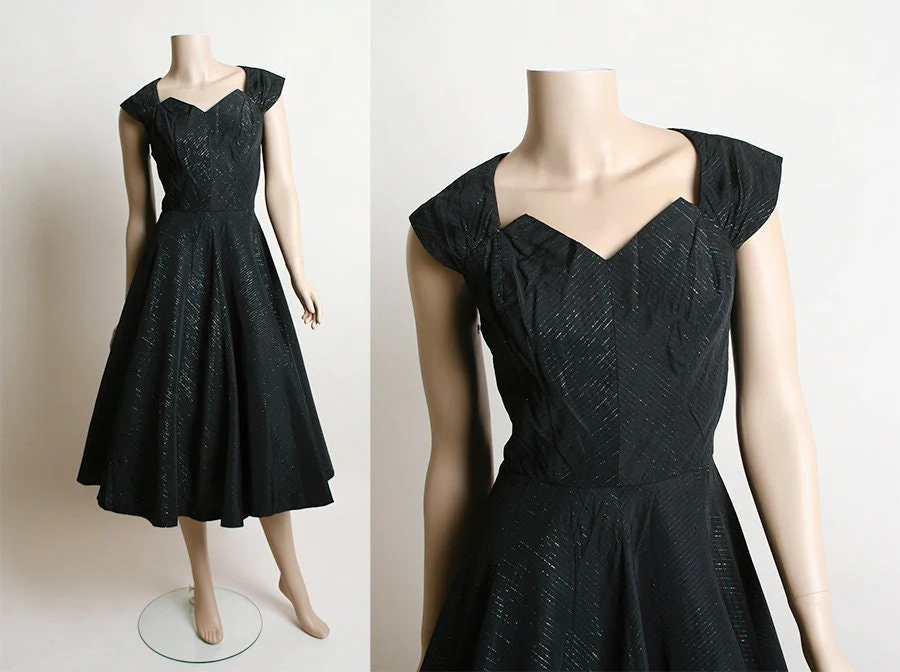 Vintage 50s Dress Black Formal Evening Gown with Iridescent Rainbow Thread Full Circle Skirt Petal Bust Small - Image 3