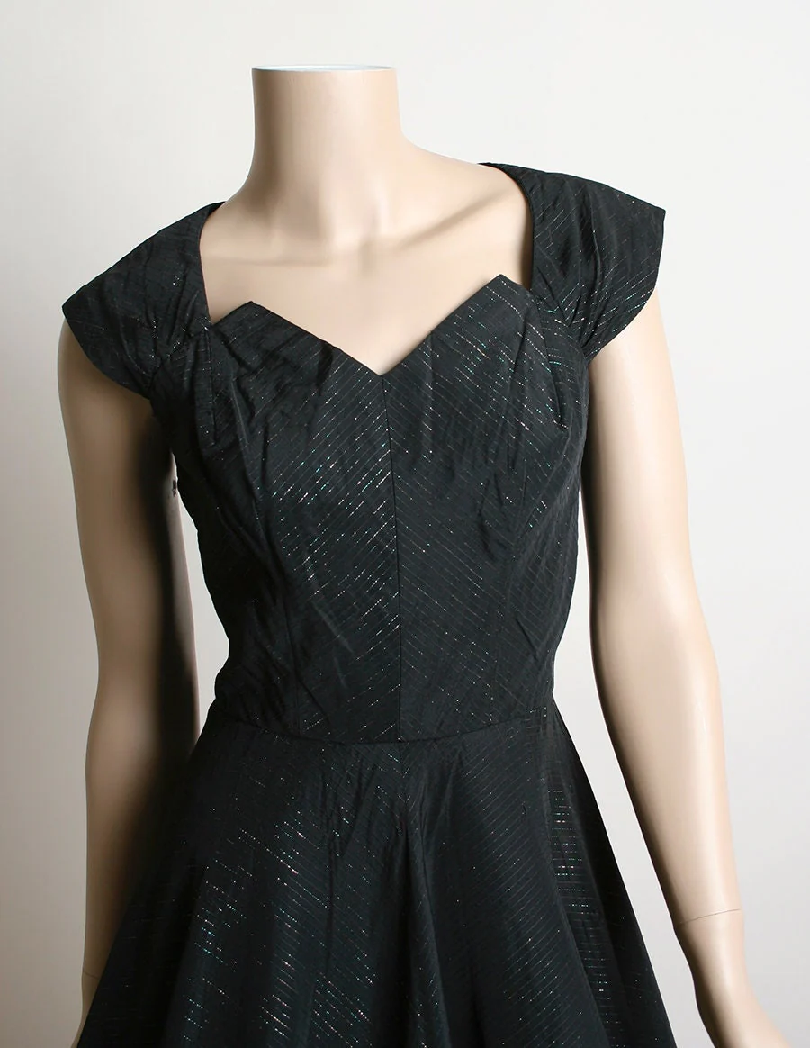 Vintage 50s Dress Black Formal Evening Gown with Iridescent Rainbow Thread Full Circle Skirt Petal Bust Small - Image 4