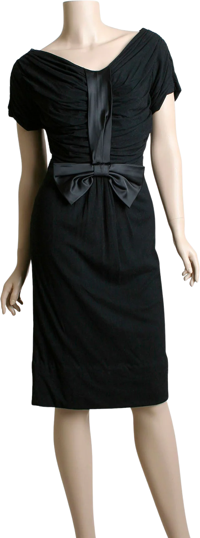 Vintage 50s Dress Black Jersey Cotton Wiggle Dress with Large Satin Bow Semi Off The Shoulder Cocktail Formal Party Small