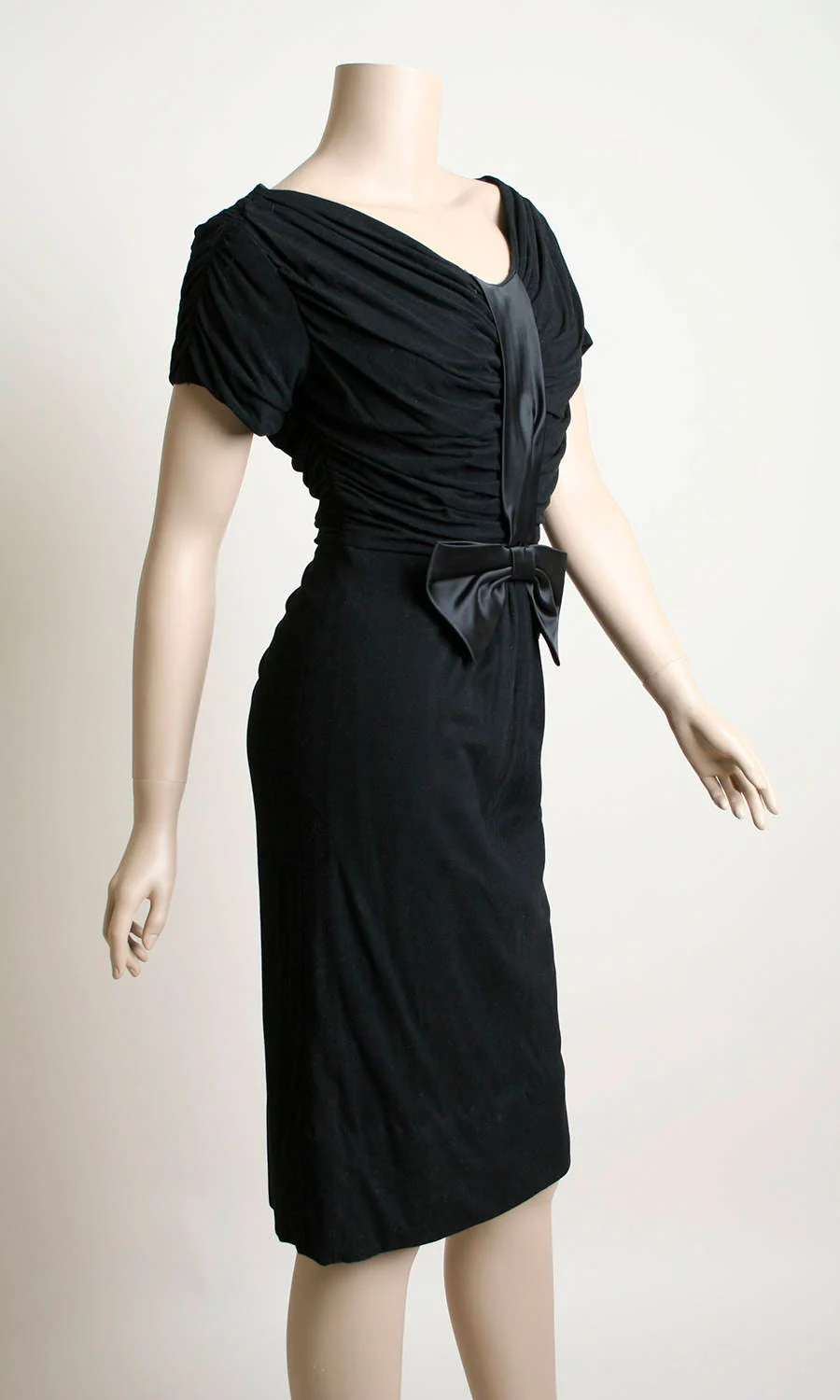 Vintage 50s Dress Black Jersey Cotton Wiggle Dress with Large Satin Bow Semi Off The Shoulder Cocktail Formal Party Small - Image 4