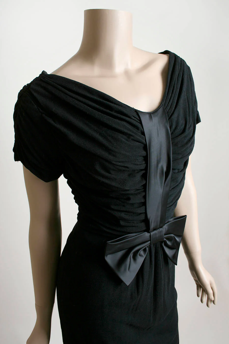 Vintage 50s Dress Black Jersey Cotton Wiggle Dress with Large Satin Bow Semi Off The Shoulder Cocktail Formal Party Small - Image 5
