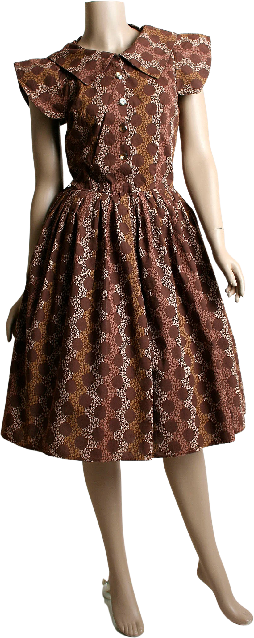 Vintage 50s Dress Brown Floral Print Polka Dot Cotton Day Dress Button Up Shirtwaist Ponty Collar Small Medium