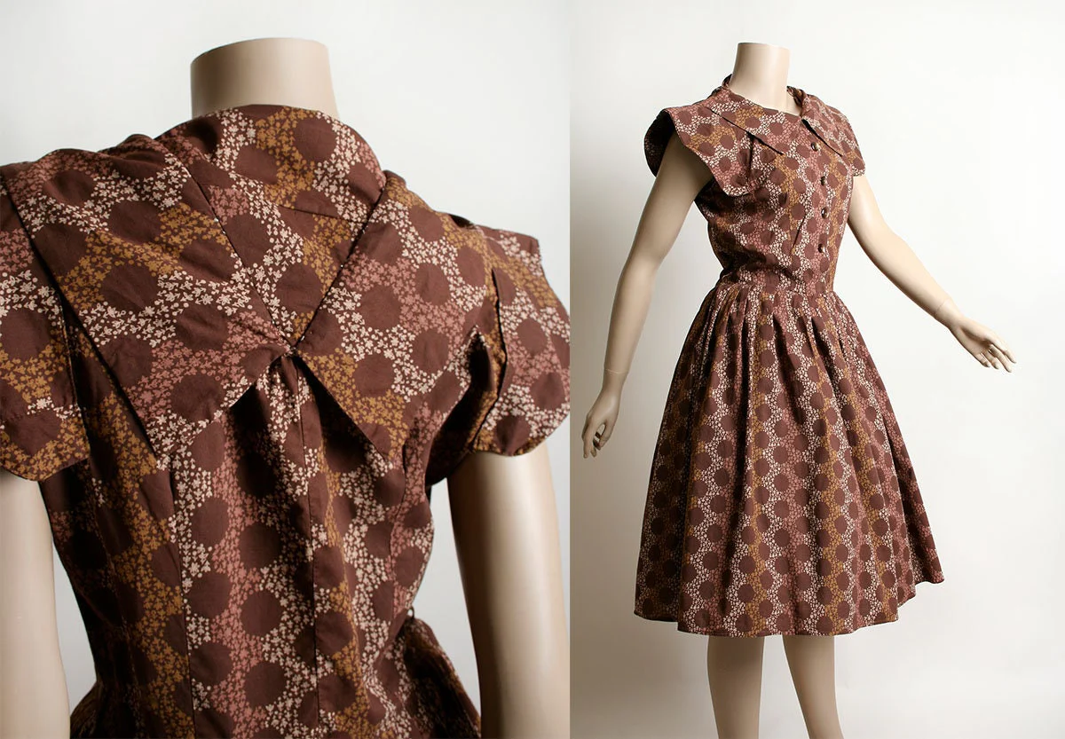 Vintage 50s Dress Brown Floral Print Polka Dot Cotton Day Dress Button Up Shirtwaist Ponty Collar Small Medium - Image 3