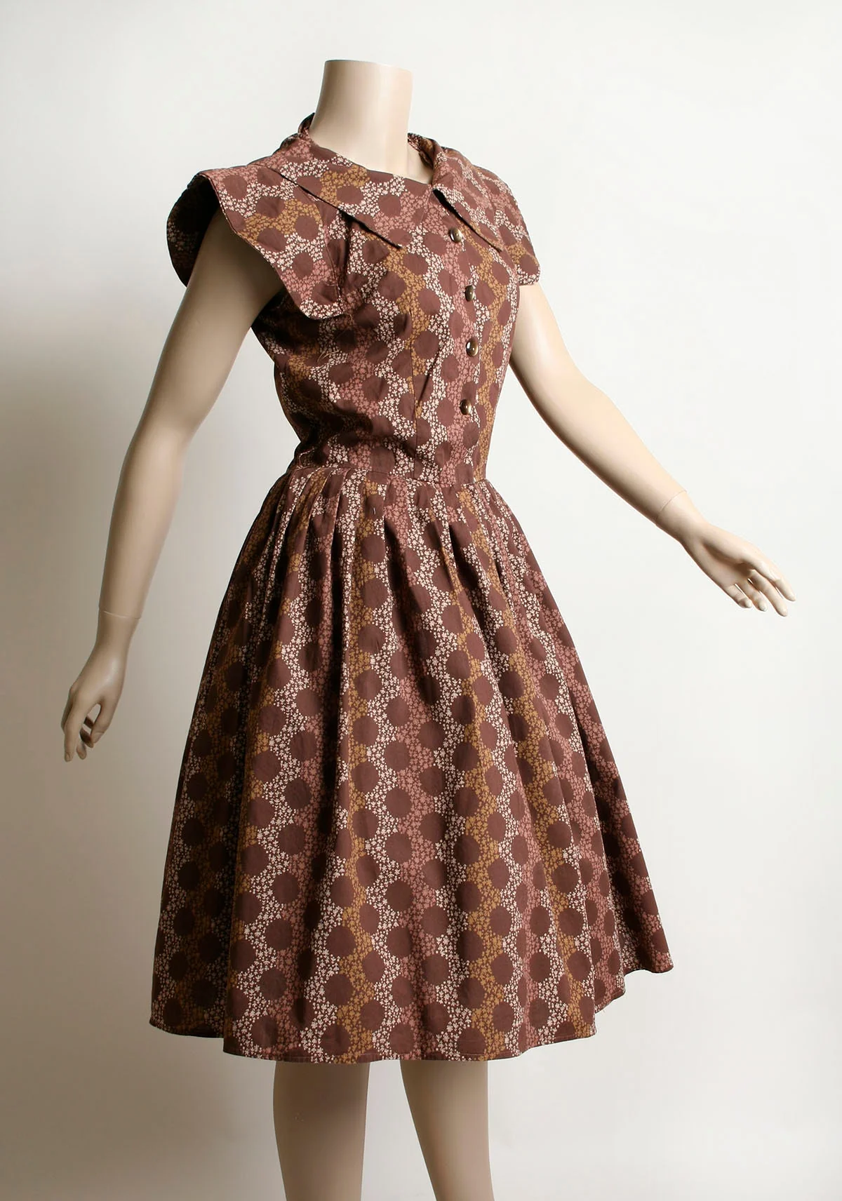 Vintage 50s Dress Brown Floral Print Polka Dot Cotton Day Dress Button Up Shirtwaist Ponty Collar Small Medium - Image 5