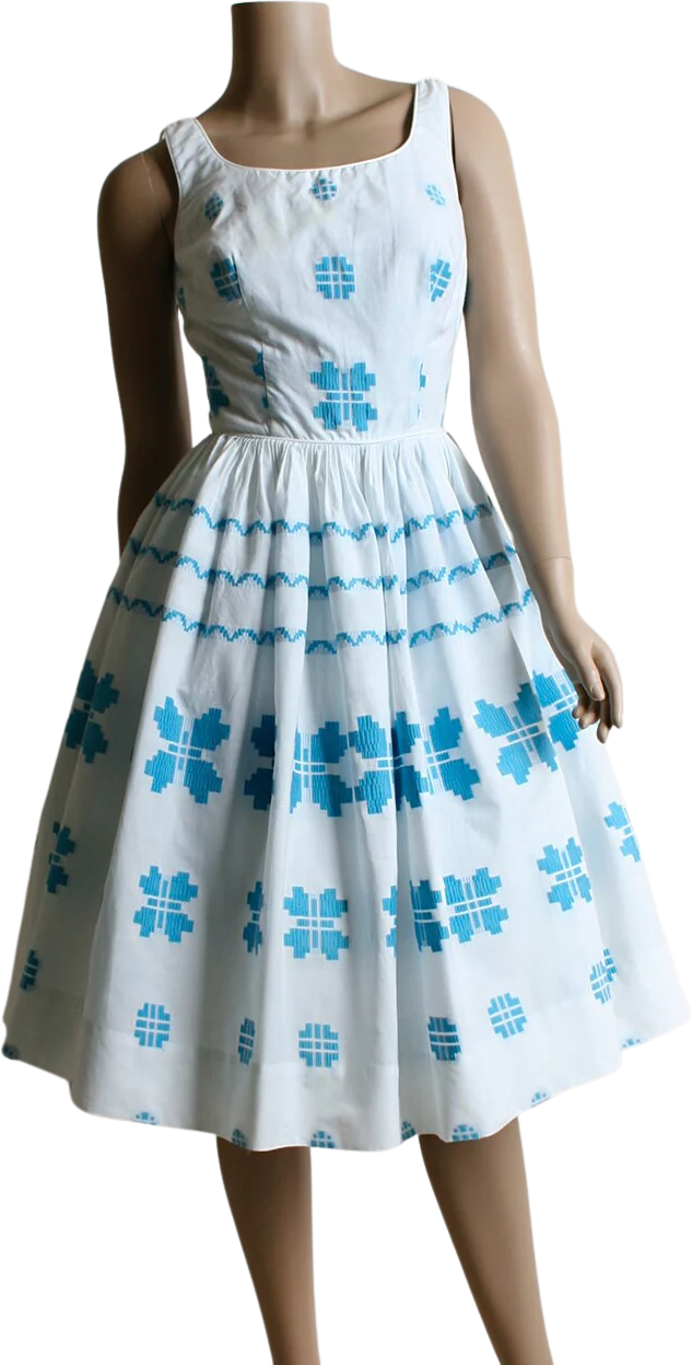 Vintage 50s Dress Butterfly Border Print Cotton Day Dress Turquoise Blue and White Summer Sundress Small by Candy Jones