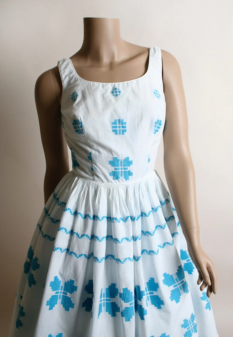 Vintage 50s Dress Butterfly Border Print Cotton Day Dress Turquoise Blue and White Summer Sundress Small by Candy Jones - Image 3