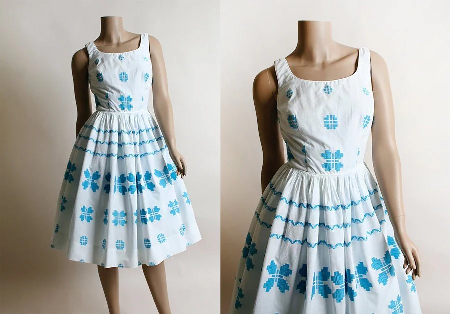 Vintage 50s Dress Butterfly Border Print Cotton Day Dress Turquoise Blue and White Summer Sundress Small by Candy Jones - Image 4