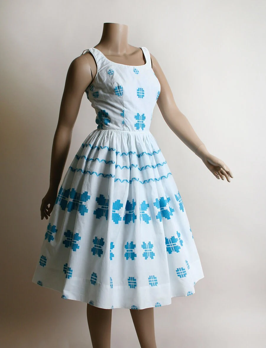 Vintage 50s Dress Butterfly Border Print Cotton Day Dress Turquoise Blue and White Summer Sundress Small by Candy Jones - Image 6