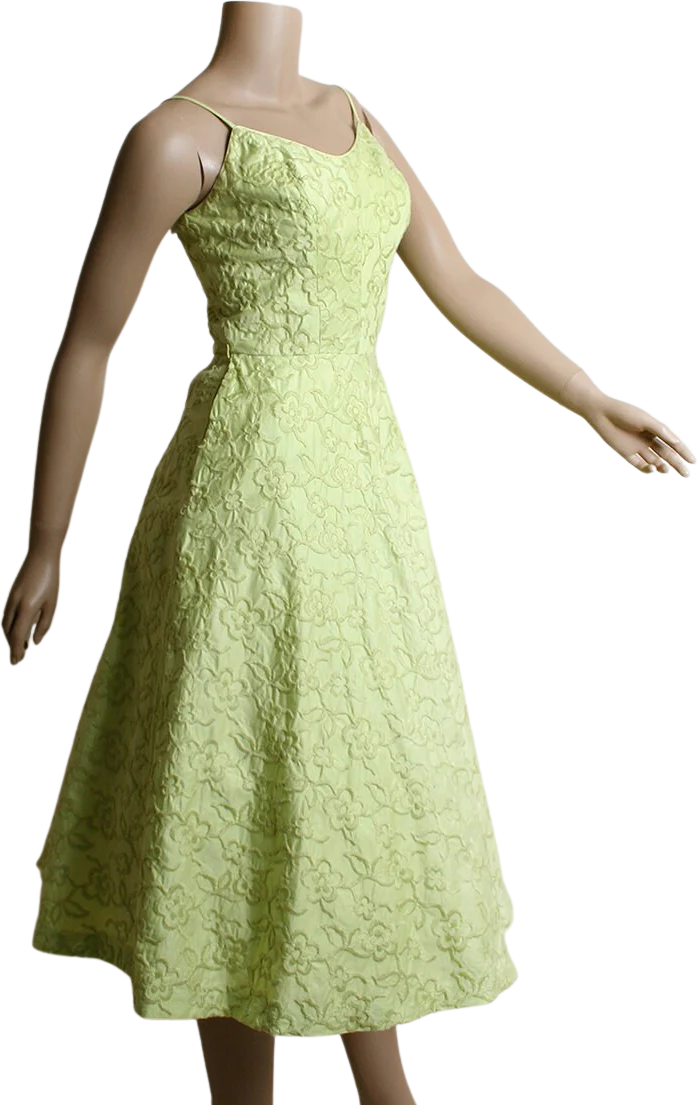 Vintage 50s Dress Chartreuse Lime Green Floral Embroidered Summer Sundress Full Skirt Small by  Tabak of California