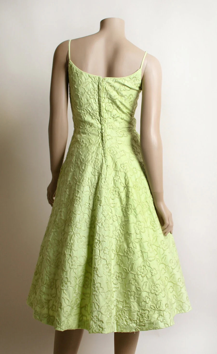 Vintage 50s Dress Chartreuse Lime Green Floral Embroidered Summer Sundress Full Skirt Small by  Tabak of California - Image 2