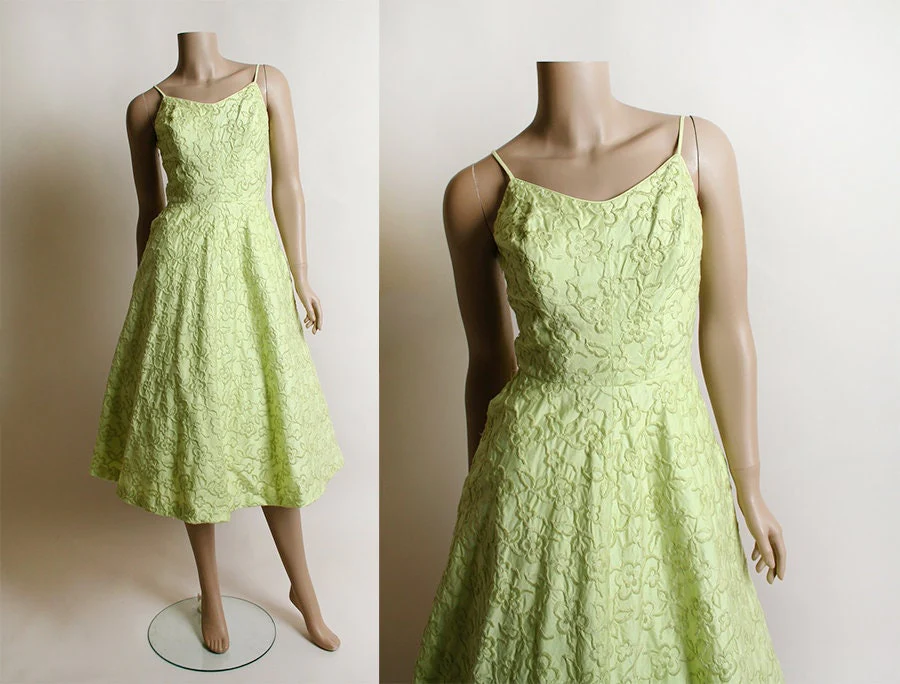 Vintage 50s Dress Chartreuse Lime Green Floral Embroidered Summer Sundress Full Skirt Small by  Tabak of California - Image 3