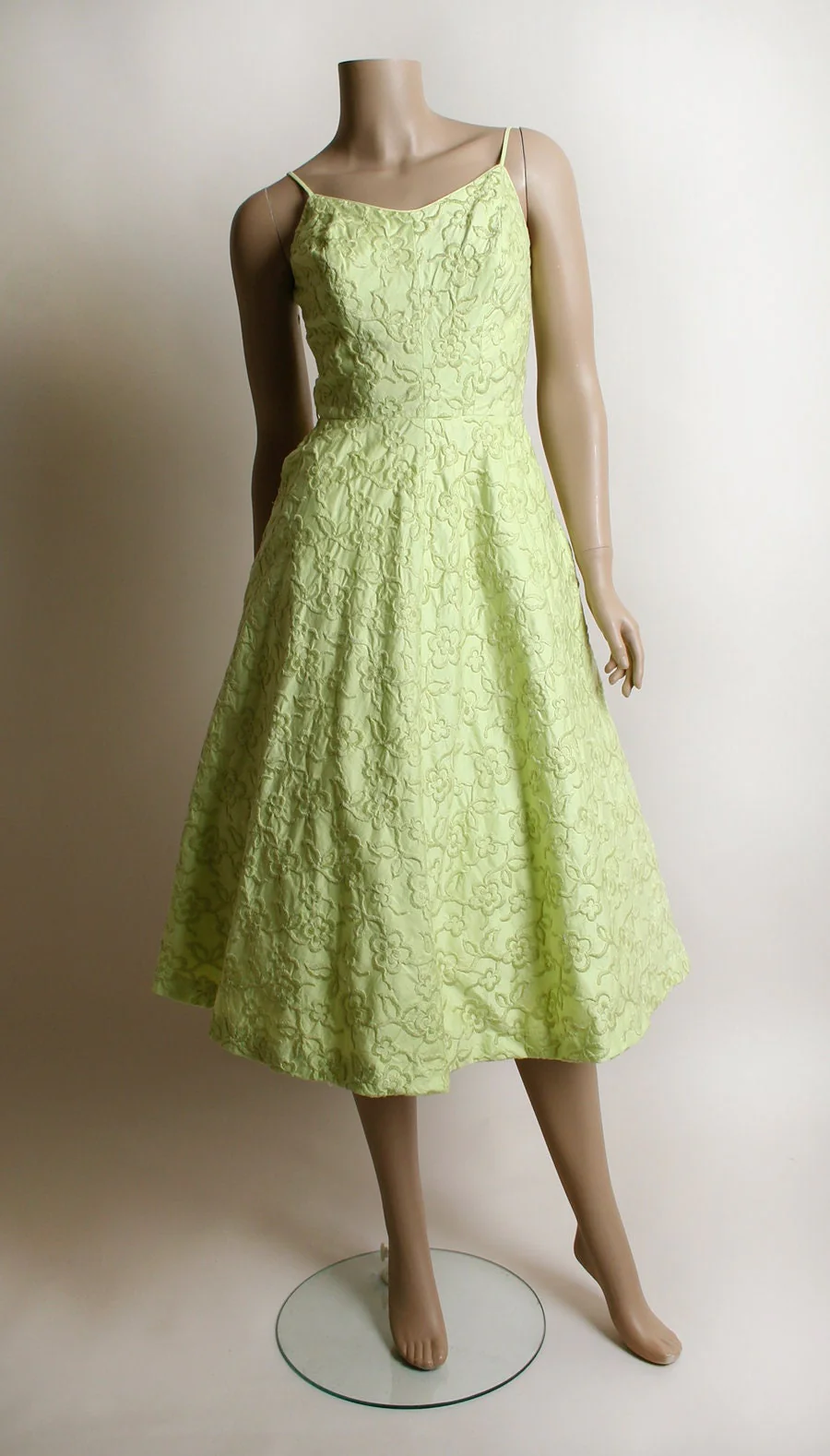 Vintage 50s Dress Chartreuse Lime Green Floral Embroidered Summer Sundress Full Skirt Small by  Tabak of California - Image 4