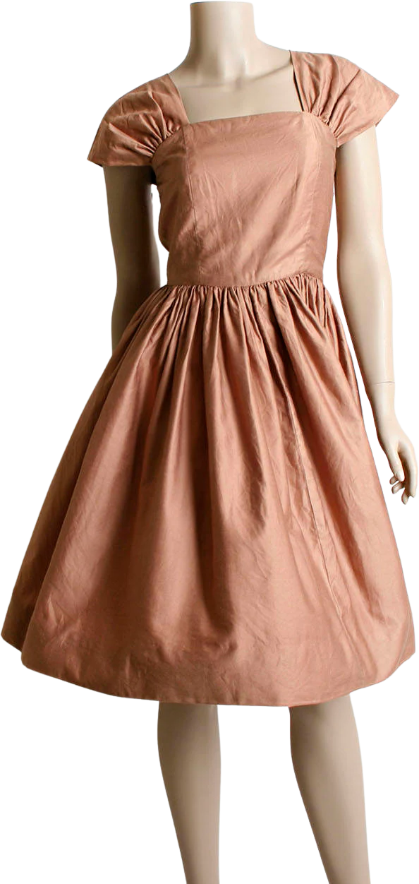 Vintage 50s Dress Copper Bronze Cotton Classic 50s Dress Knee Length Full Skirt Ruched Shoulders Xs Small