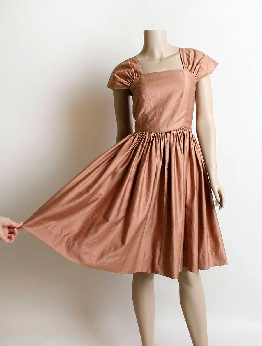 Vintage 50s Dress Copper Bronze Cotton Classic 50s Dress Knee Length Full Skirt Ruched Shoulders Xs Small - Image 3