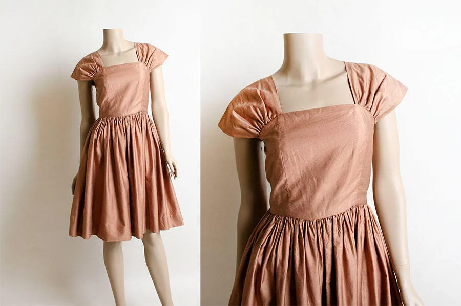 Vintage 50s Dress Copper Bronze Cotton Classic 50s Dress Knee Length Full Skirt Ruched Shoulders Xs Small - Image 4