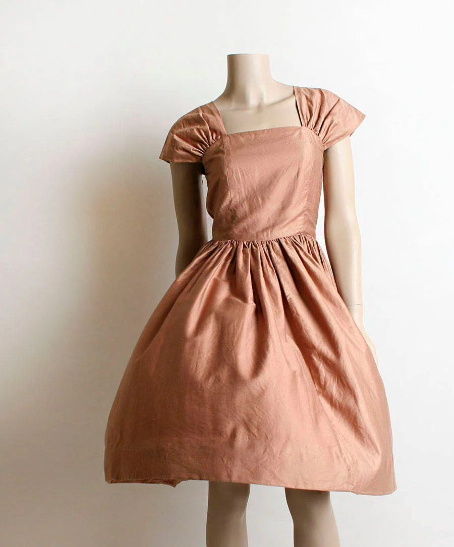 Vintage 50s Dress Copper Bronze Cotton Classic 50s Dress Knee Length Full Skirt Ruched Shoulders Xs Small - Image 5