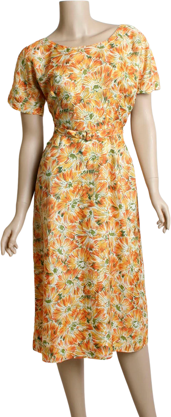 Vintage 50s Dress Floral Print Orange Fire Sunburst Day Dress with Matching Belt Medium