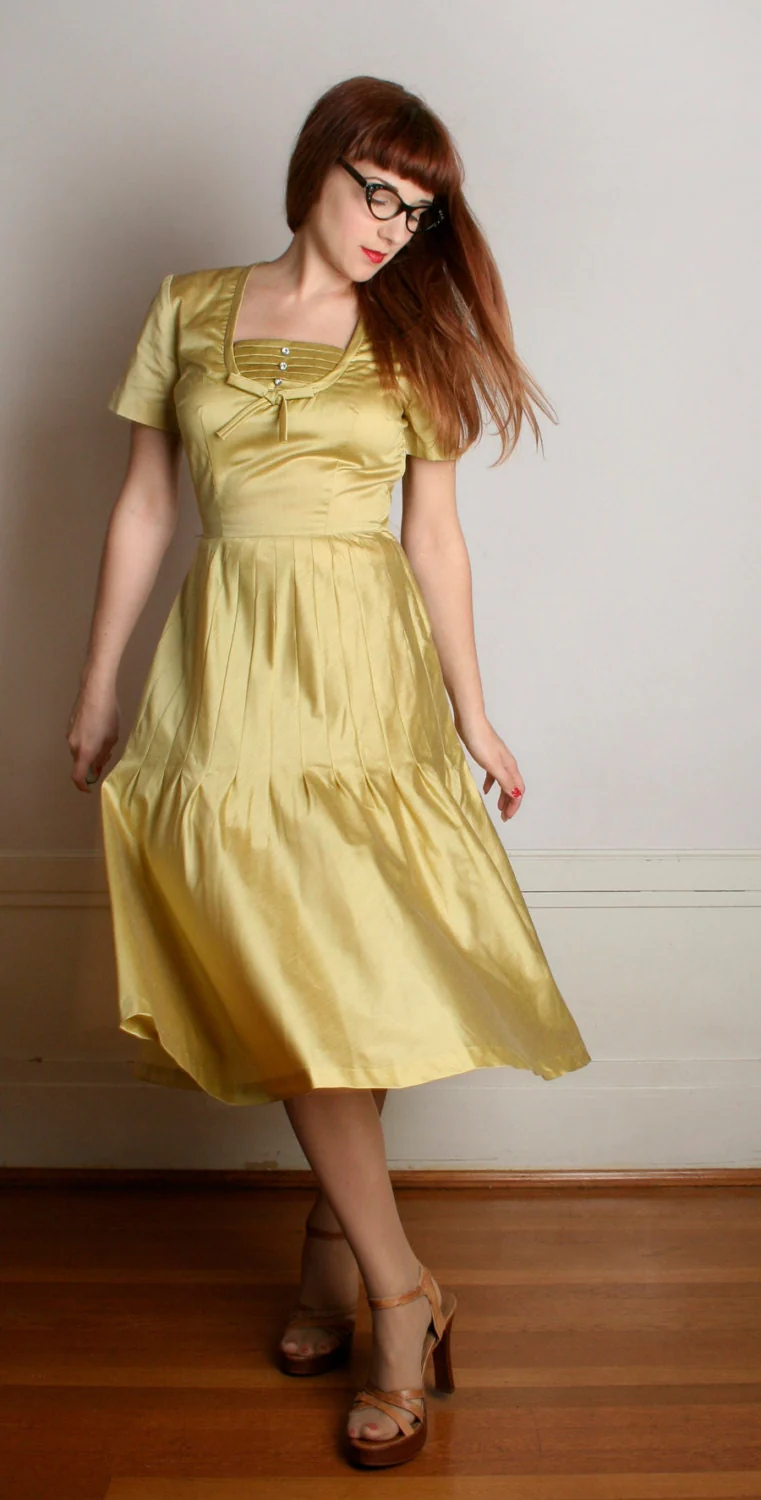 Vintage 50s Dress Golden Mustard Yellow Rhinestone Henry Rosenfeld Dress Fancy Date Night Gold Small by Henry Rosenfeld - Image 3