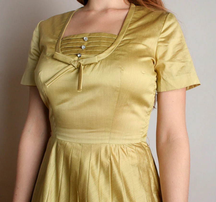 Vintage 50s Dress Golden Mustard Yellow Rhinestone Henry Rosenfeld Dress Fancy Date Night Gold Small by Henry Rosenfeld - Image 5