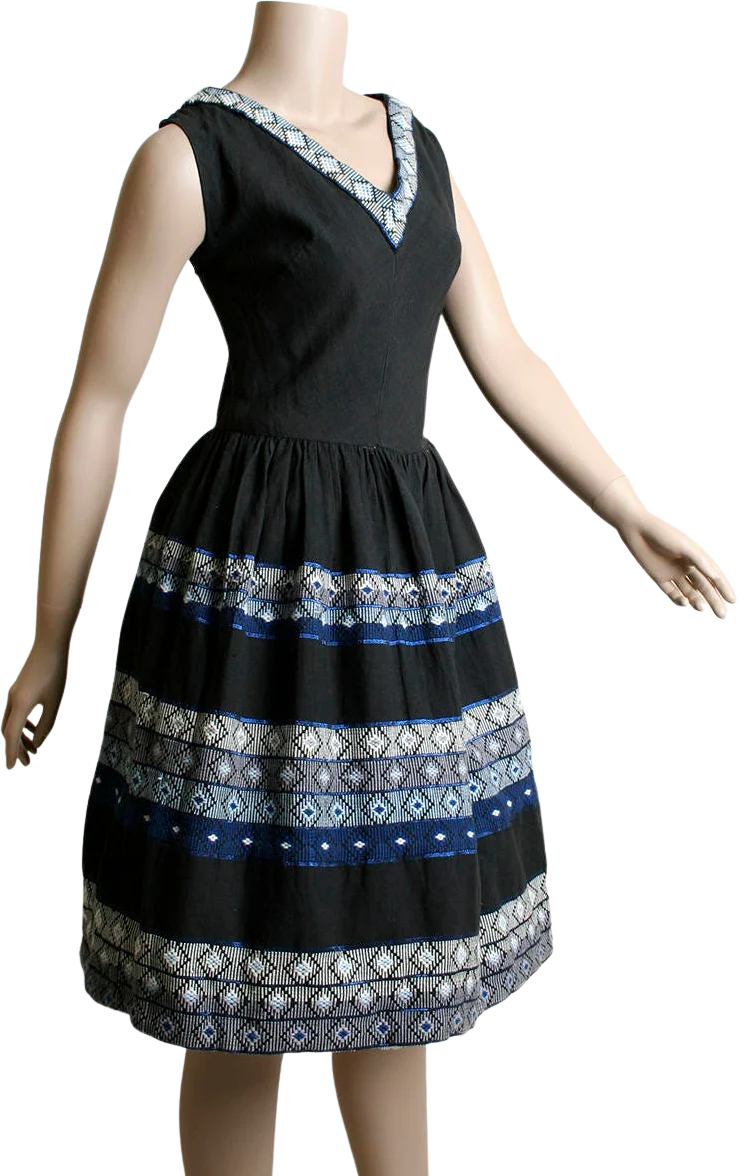Vintage 50s Dress Guatemalan Embroidered Blue and Black Geometrical Folk Dress Patio Style Cotton Small Medium