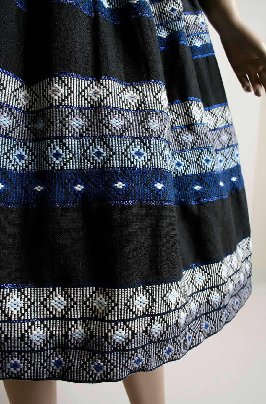 Vintage 50s Dress Guatemalan Embroidered Blue and Black Geometrical Folk Dress Patio Style Cotton Small Medium - Image 5