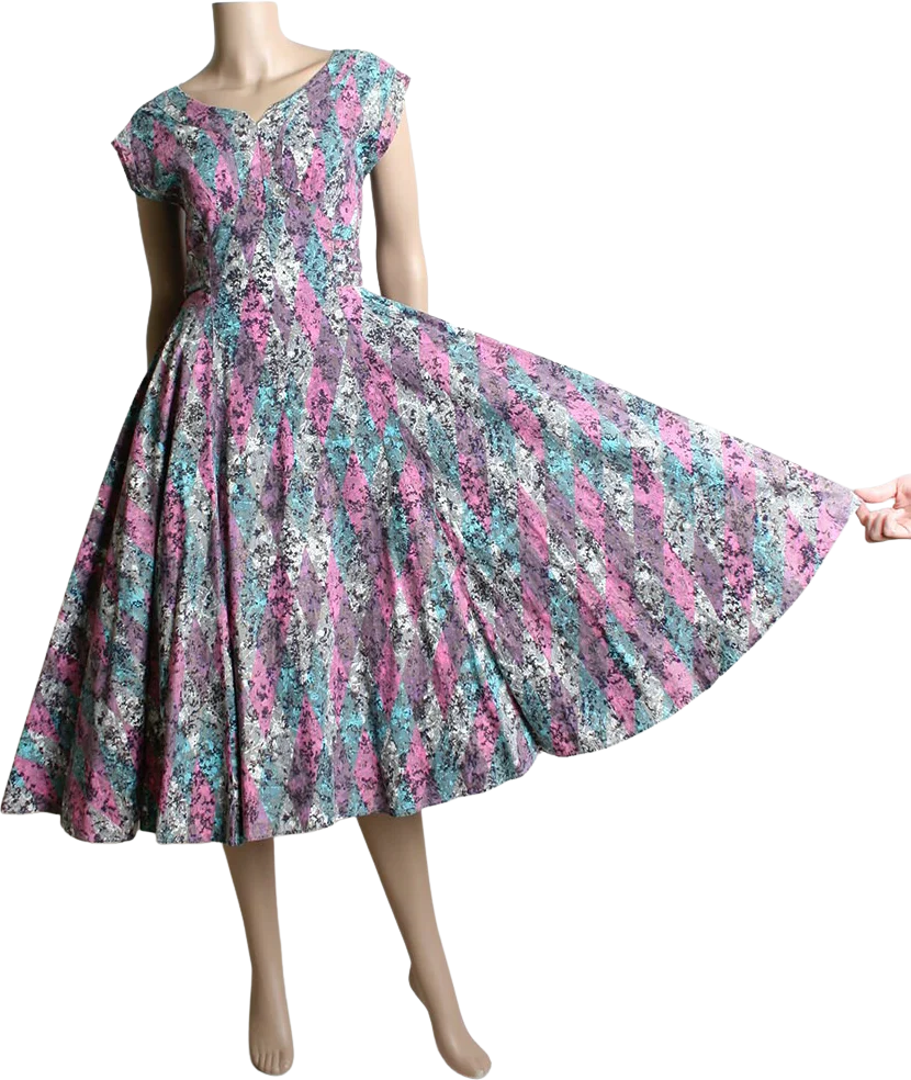 Vintage 50s Dress Harlequin Novelty Print Confetti In Pink Purple Blue and White with Gold Flecks Full Circle Skirt Pinup Cotton Small