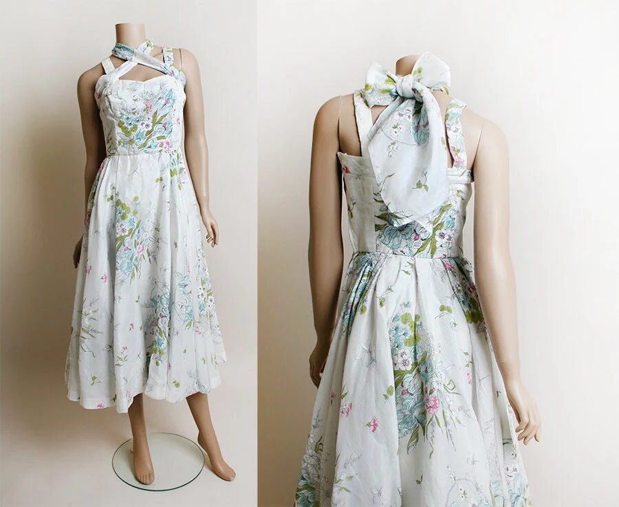 Vintage 50s Dress Novelty Print Butterflies Fan Floral and Dragonflies White Full Skirt Crisscross Neck Bow Boned Cotton Day Dress Xs by Elizabeth Arden Elegance - Image 5